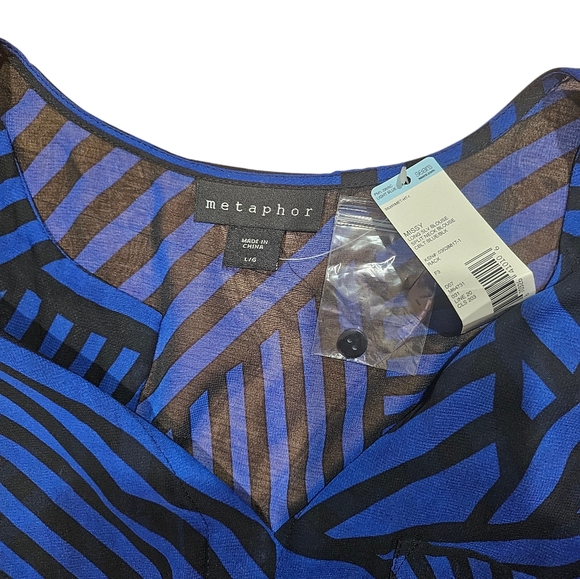 Metaphor Blue Black Stripe Geometric Sheer Long Sleeve Blouse Large NWT - Picture 4 of 7